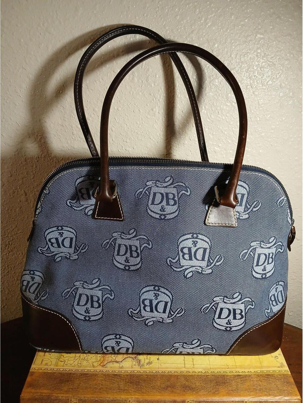 Dooney & Bourke Blue Canvas and Brown Leather Satchel Bag